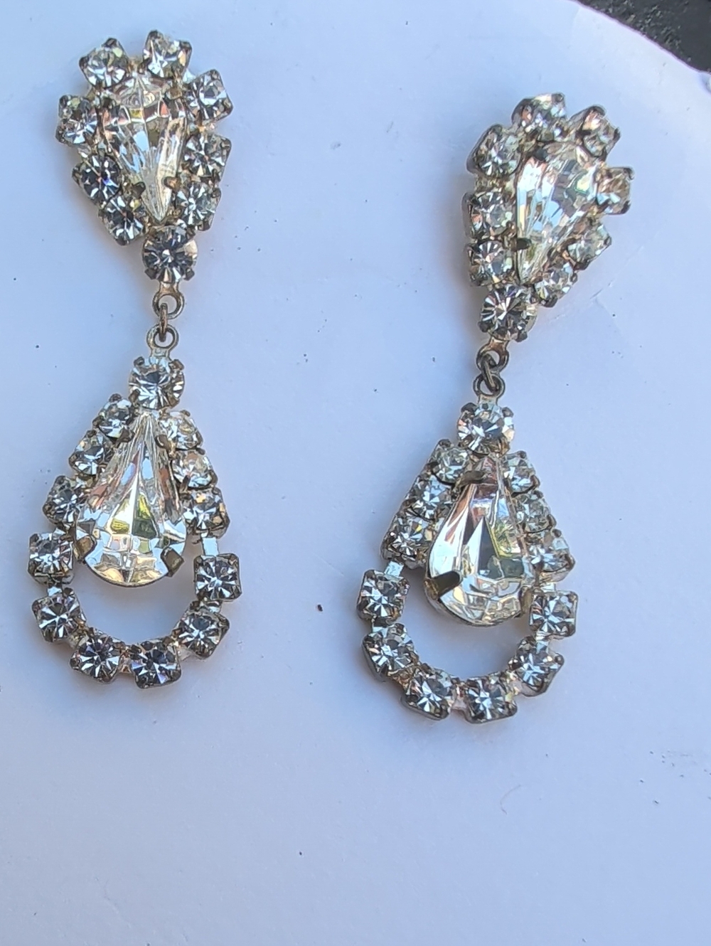 Vintage Earrings Chandelier Marquis cut Rhinestone stone post silver tone backs